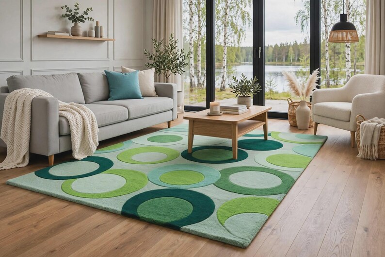 Op de afbeelding: Een rechthoekig vloerkleed met een herhalend patroon van overlappende cirkels in diverse groentinten, waaronder limoen, bosgroen en mint. Het ontwerp bestaat uit effen gekleurde cirkelvormen die over een lichtgroene achtergrond zijn gelegd.