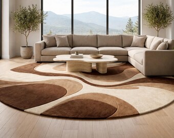 Luxe abstract rond vloerkleed – handgetuft modern bruin en beige tapijt voor woonkamer en slaapkamer.
