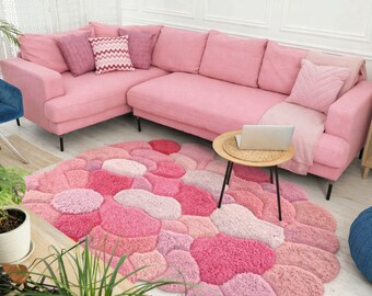 Handgetuft abstract bloemenkleed, rond kleed met roze ombré-effect