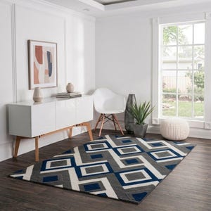 Modern Geometric Blue & Grey Hand Tufted Rug, Abstract Square Pattern Wool Area Rug, Contemporary Living Room Rug