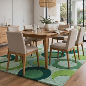 Op de afbeelding: Een rechthoekige eettafel met een licht houten afwerking, vergezeld door zes stoelen met lichtbeige gestoffeerde zittingen en houten poten. De set staat op een groot vloerkleed versierd met overlappende cirkels in tinten groen.