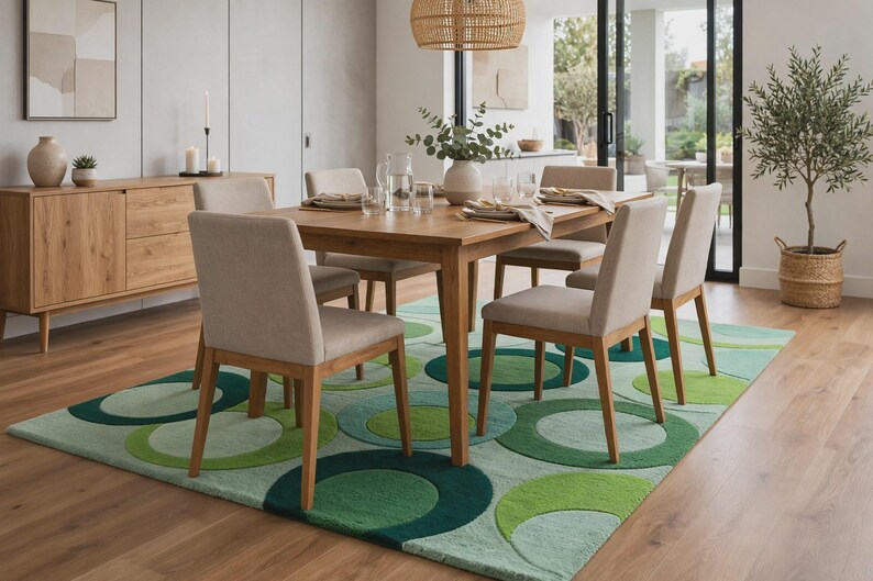 Op de afbeelding: Een rechthoekige eettafel met een licht houten afwerking, vergezeld door zes stoelen met lichtbeige gestoffeerde zittingen en houten poten. De set staat op een groot vloerkleed versierd met overlappende cirkels in tinten groen.