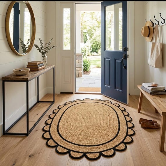 Ovaler Juteteppich mit Wellenkante, handgefertigter Naturfaserteppich, Boho-Farmhouse-Teppich, Bodenteppich mit schwarzer Bordüre
