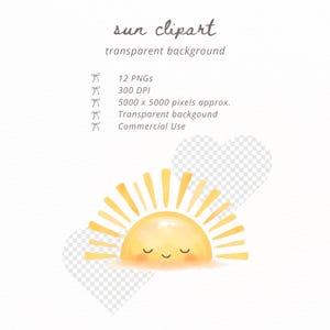 Conjunto de imágenes prediseñadas de sol en acuarela, paquete de imágenes PNG de sol adorable, imágenes prediseñadas de clima veraniego, decoración de guardería, pegatinas, invitaciones para baby shower, uso comercial. imagen 2