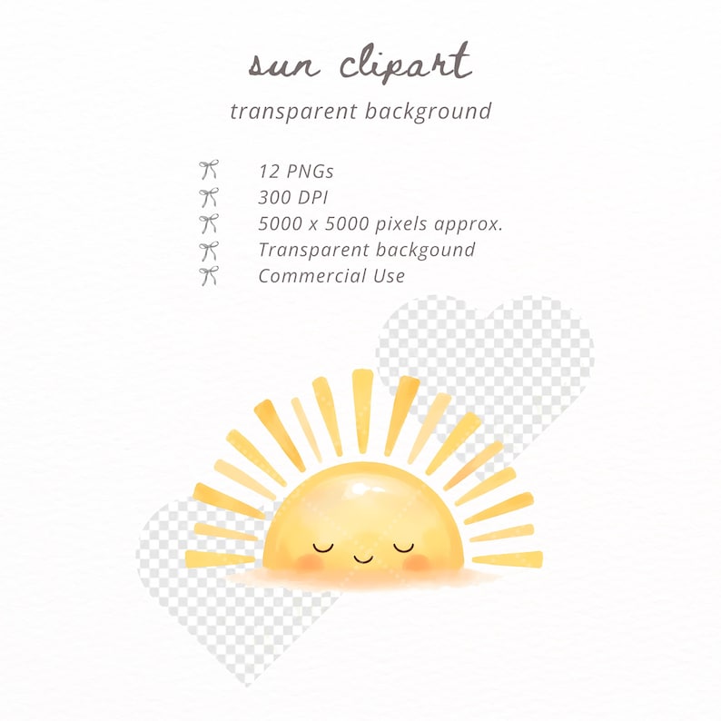 Conjunto de imágenes prediseñadas de sol en acuarela, paquete de imágenes PNG de sol adorable, imágenes prediseñadas de clima veraniego, decoración de guardería, pegatinas, invitaciones para baby shower, uso comercial. imagen 2