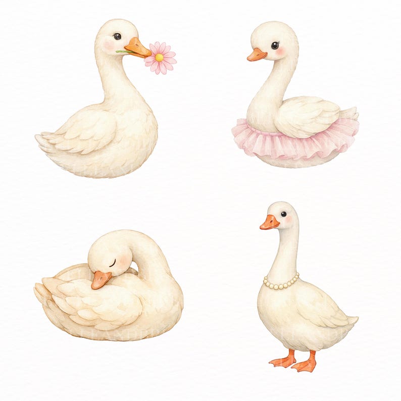 Girly Goose Clipart PNG Bundle, Watercolor Silly Goose, Coquette ...