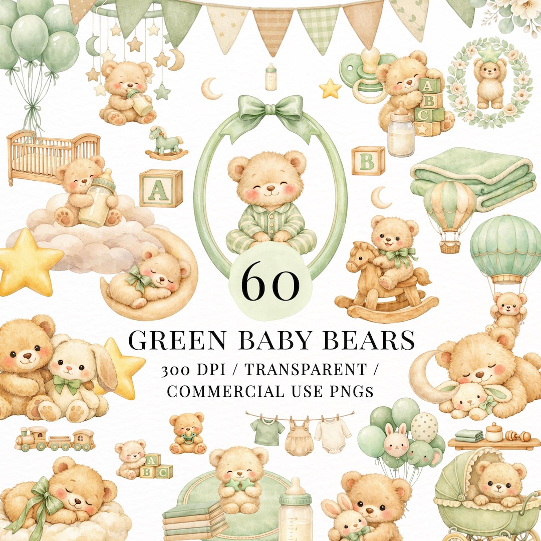 Teddy Bear Clipart Sage Green PNG Bundle, Baby Boy Nursery Bears ...