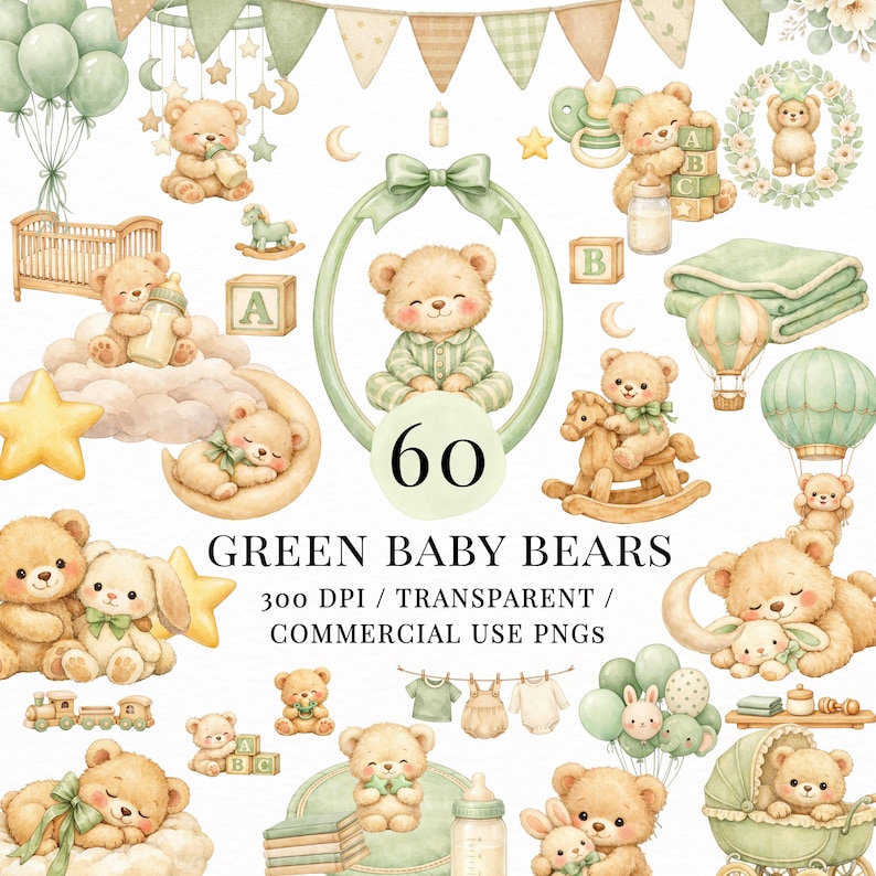Teddy Bear Clipart Sage Green PNG Bundle, Baby Boy Nursery Bears ...