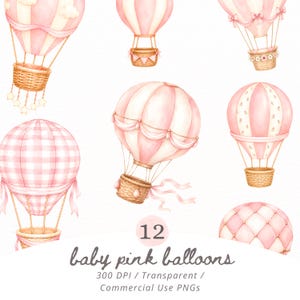 May include: A watercolour illustration featuring twelve baby pink hot air balloons. The balloons display diverse designs, such as stripes, gingham, and floral patterns. Each balloon is equipped with a woven basket and decorative ribbons. The text "12 baby pink balloons" is at the bottom.