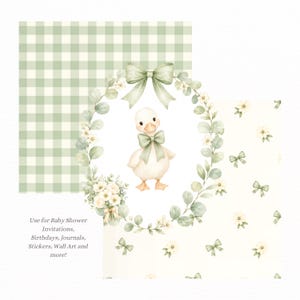 May include: Watercolor illustration featuring a baby duck with a green bow, surrounded by a floral wreath and bows. The background includes a green gingham pattern and text: "Use for Baby Shower Invitations, Birthdays, Journals, Stickers, Wall Art and more!"