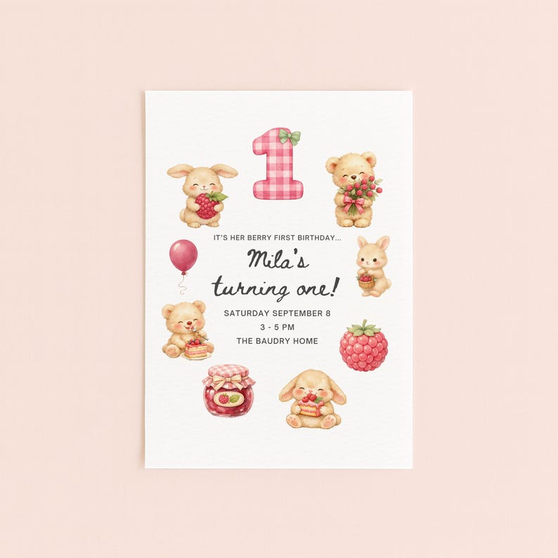 May include: A white invitation card with illustrations of cartoon animals, berries, and a number one. The text reads "Mila's turning one!" with the date and time of the event. The card has a playful and whimsical design.