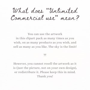 May include: White background with text in a handwritten style. The text asks, "What does 'Unlimited Commercial use' mean?" and explains usage rights for clipart, including how the artwork can be used and what is not allowed.