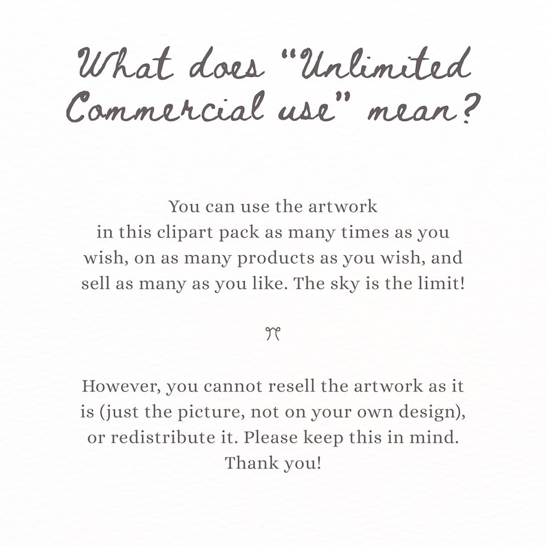 May include: White background with text in a handwritten style. The text asks, "What does 'Unlimited Commercial use' mean?" and explains usage rights for clipart, including how the artwork can be used and what is not allowed.