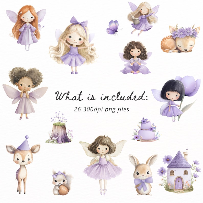 Purple Fairy Clipart Bundle PNG, Cute Fairytale Forest Fairy, Magical ...