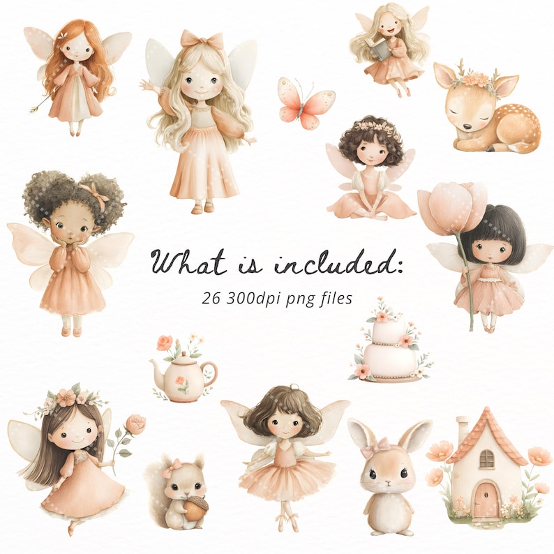 Pink Fairy Clipart PNG Bundle, Cute Fairy Garden Clipart, Watercolor ...
