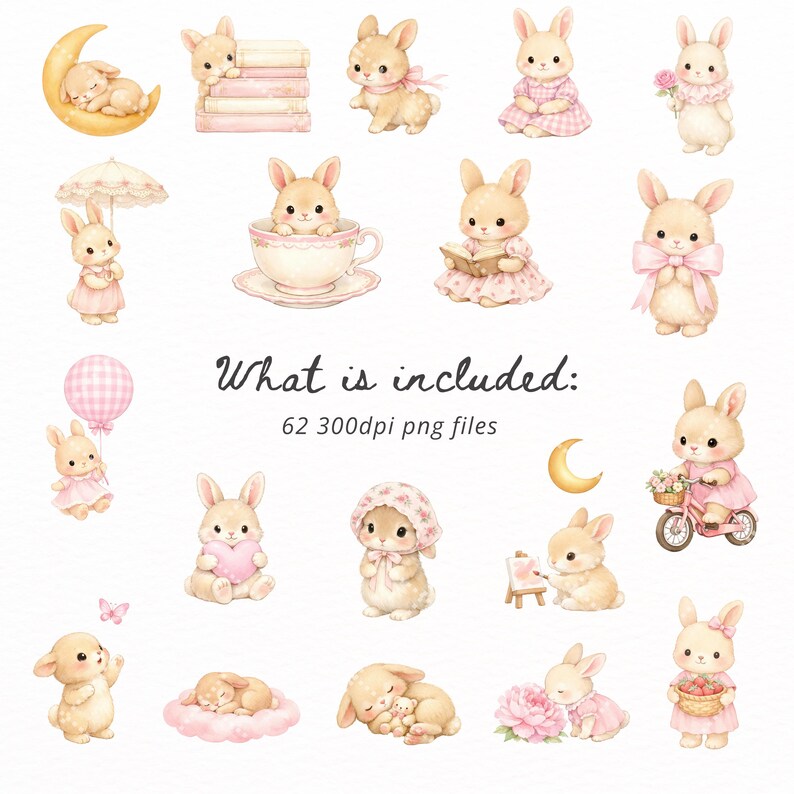 Pink Bunny Clipart Bundle PNG, Cute Baby Bunny Clipart, Coquette ...