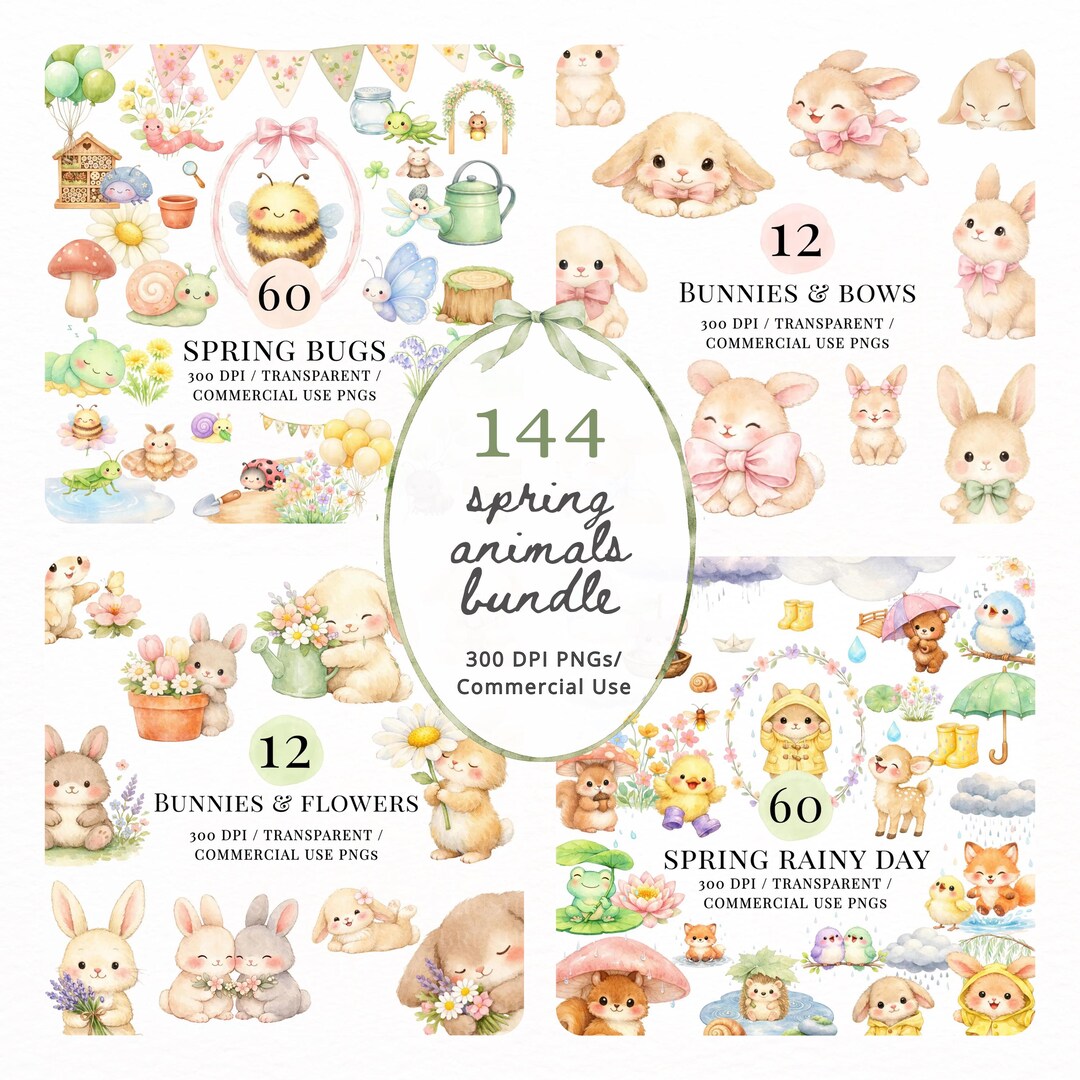 Bitmap Spring Animals Watercolor Spring Clipart Bundle PNG, Cute Spring Animals & Bugs, Bunny ...