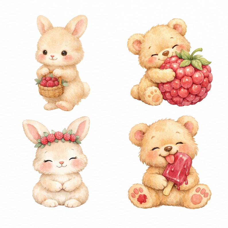 May include: Watercolor illustrations of adorable animals. A bunny holds a basket of red berries, a bear hugs a large raspberry, another bunny wears a berry crown, and a bear licks a red popsicle. The animals are light brown.