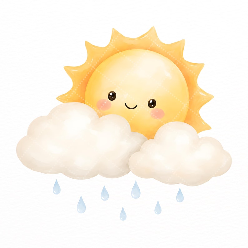 Puede incluir: Una ilustraci&oacute;n de un sol amarillo con cara sonriente, mejillas rosadas y rayos puntiagudos, parcialmente oculto por dos nubes blancas esponjosas. Debajo de las nubes, varias gotas de lluvia peque&ntilde;as de color azul claro caen en estilo gr&aacute;fico.