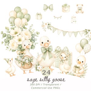 Silly Goose Clipart Bundle PNG, Sage Green Baby Shower Goose, Coquette Nursery Animals, Birthday Party Invitations, Commercial Use