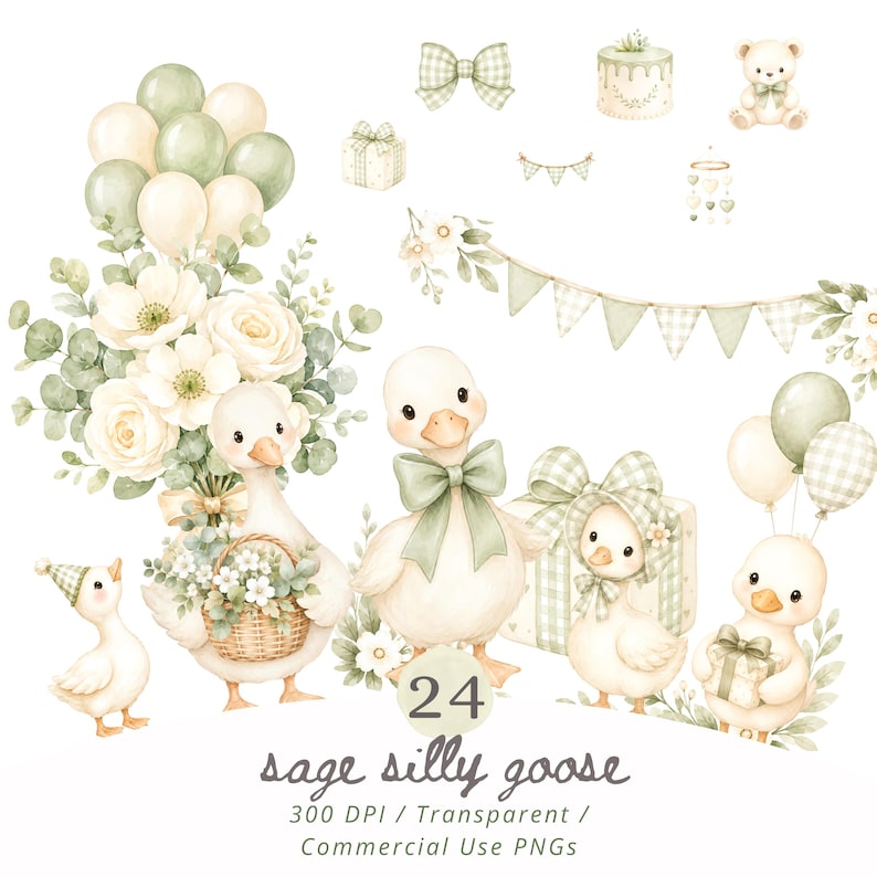 May include: Watercolor illustration featuring adorable geese with sage green bows, surrounded by balloons, flowers, gifts, and a banner. The image includes a cake, a teddy bear, and the text "sage silly goose".