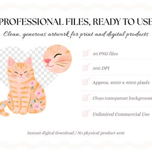May include: A digital graphic set featuring a watercolor orange tabby cat with pink flowers, including 50 PNG files at 300 DPI, 4000 x 4000 pixels, and transparent backgrounds. Text reads: PROFESSIONAL FILES, READY TO USE, Clean, generous artwork for print and digital products.