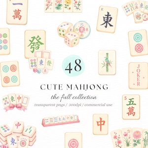 Pode incluir: Uma coleção de peças de Mahjong em estilo aguarela com vários caracteres, padrões florais e símbolos. A imagem inclui o texto 48 CUTE MAHJONG the full collection transparent pngs / 300dpi / commercial use.