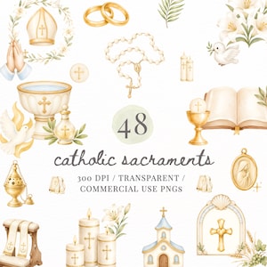 Puede incluir: Una colección de ilustraciones en acuarela con símbolos religiosos católicos que incluyen una mitra, un rosario, anillos de oro, palomas, velas, un cáliz, un libro abierto, un incensario, una iglesia y una cruz. El texto dice 48 catholic sacraments 300 DPI / TRANSPARENT / COMMERCIAL USE PNGS.