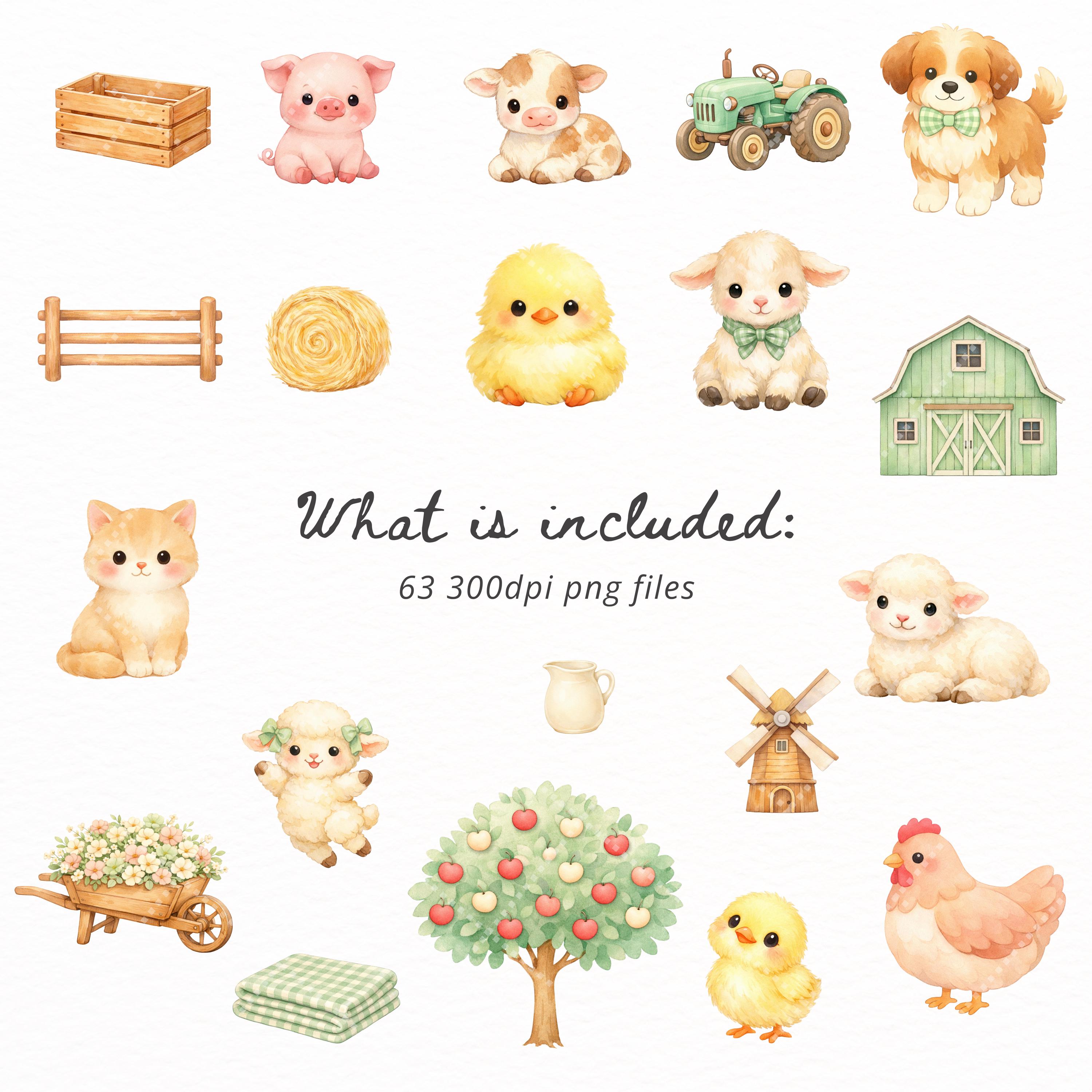 Cute Farm Animals Clipart PNG Bundle, Watercolor Barnyard Cow Pig Sheep ...