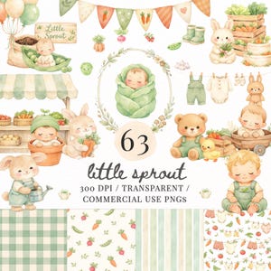 Può includere: Illustrazioni ad acquerello con disegni a tema baby. L'immagine include bambini, coniglietti, orsacchiotti e verdure. Il testo "Little Sprout" è visualizzato con il numero "63". L'immagine ha uno sfondo trasparente ed è per uso commerciale.