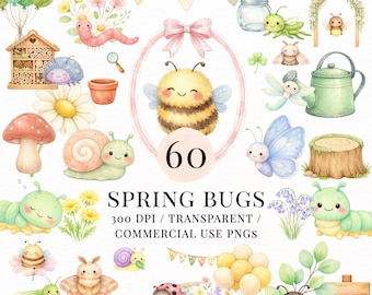 Spring Bugs Cute Clipart Bundle PNG | 60 Kawaii Insects, Bee Ladybug Butterfly Snail Caterpillar | Nursery Bug Clipart | Sublimation PNG