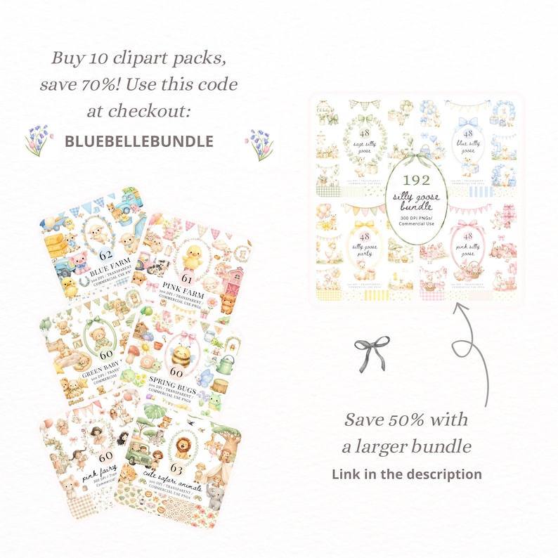 May include: A digital collection of clipart packs featuring various themes including farm animals, spring bugs, fairies, and safari animals. The image displays multiple square preview cards with labels like Blue Farm, Pink Farm, and Silly Goose Bundle.