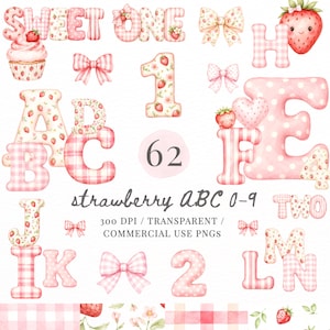 May include: A collection of pink and white strawberry-themed digital graphics, including letters, numbers, bows, and a cupcake. The text includes "SWEET ONE", "strawberry ABC 0-9", and other words. The graphics are designed for commercial use.