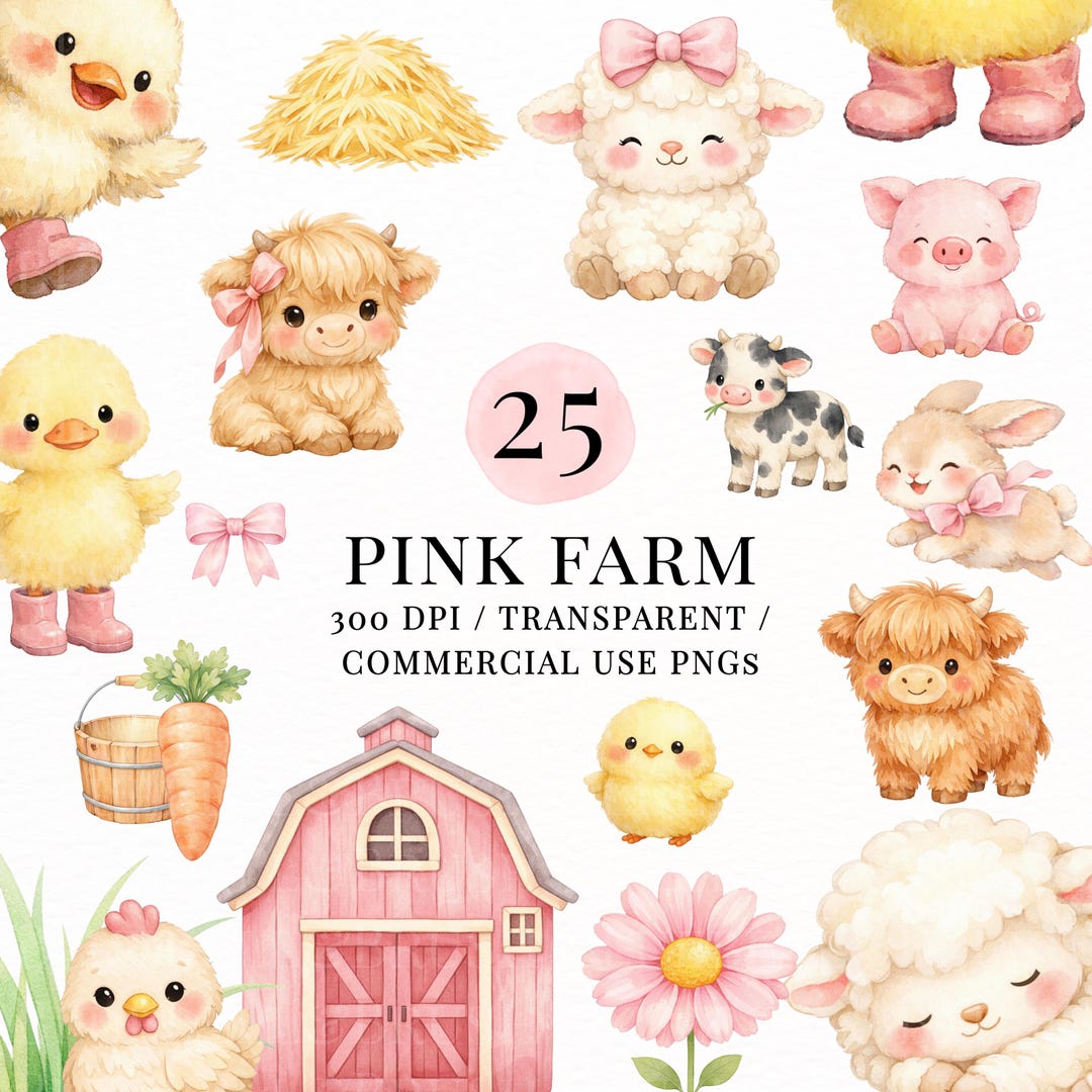 Pink Farm Animals Clipart Bundle PNG | Cute Cow Lamb Chick Bunny Pig ...