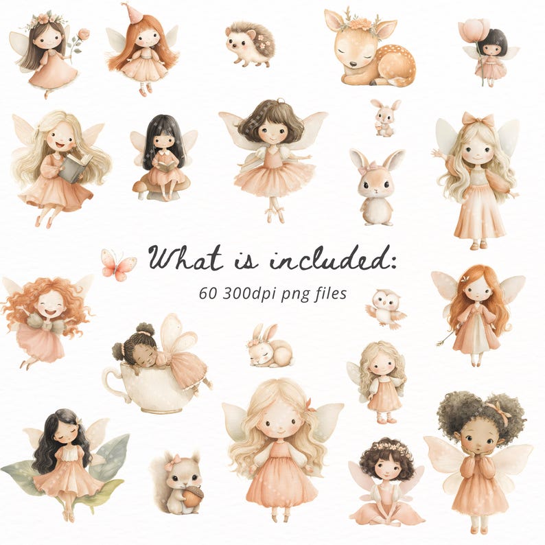 Pink Fairy Clipart Bundle PNG, Watercolor Magical Fairy Garden Clipart ...