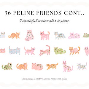 May include: A digital collection titled 36 FELINE FRIENDS CONT.. featuring various watercolor cats in pink, orange, green, and blue hues with floral and striped patterns. The text includes Beautiful watercolor texture and Each image is 300DPI, approx 4000x4000 pixels.