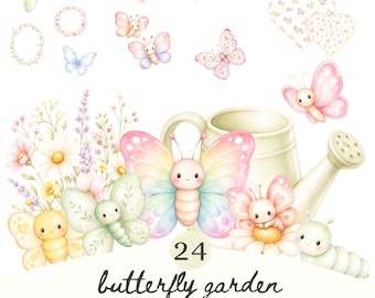 May include: Watercolor illustration featuring a collection of butterflies, flowers, and garden elements. The image includes a watering can, a caterpillar, and the text "24 butterfly garden". The butterflies have pastel pink, blue, and yellow wings.