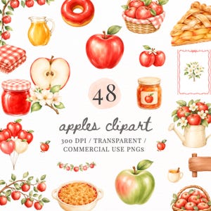 Akvarell äppelclipart PNG-paket, 48 röda äppelodlingar, syltburkar, pajer och korgar för höstutskrifter och babyshowerinbjudningar