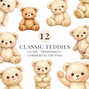 Pode incluir: Ilustração em aquarela de 12 ursinhos de pelúcia clássicos em várias poses. Os ursinhos são em tons de creme e castanho com bochechas rosadas e detalhes costurados. O texto diz "CLASSIC TEDDIES".