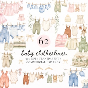 Puede incluir: Ilustración en acuarela de ropa de bebé colgada en tendederos. La imagen presenta una variedad de prendas en colores pastel, incluyendo vestidos, petos, bodies y gorros. El número "62" está en un círculo rosa, con el texto "baby clotheslines" debajo.