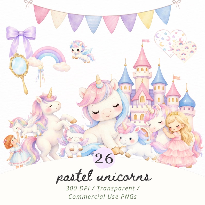 Pastel Unicorn PNG Bundle, Cute Unicorn Clipart, Princess & Castle ...
