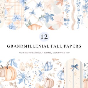 May include: A collection of 12 digital papers featuring watercolour illustrations of pumpkins, autumn leaves, bows, and floral patterns in shades of blue, peach, and cream. The text reads 12 GRANDMILLENNIAL FALL PAPERS seamless and tileable 300dpi commercial use.