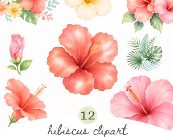 Hibiscus Clipart PNG Bundle, Tropical Flower PNG, Hawaiian Island Flowers for Summer Crafts, Sublimation, Wedding and Digital Party Decor