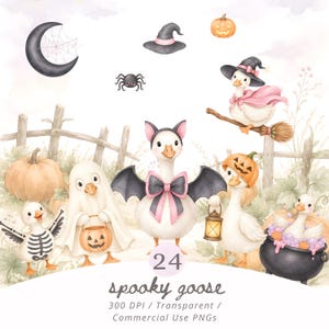 Può includere: Un set di illustrazioni digitali con oche bianche in costumi di Halloween, tra cui uno scheletro, un fantasma con secchiello a zucca, un pipistrello con fiocco rosa e una strega su scopa. Include un calderone nero, ragno, luna e zucche.