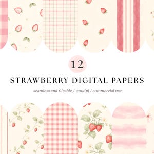 Strawberry Pattern, Watercolor Strawberry Digital Paper, Pastel Gingham, Plaid & Stripe Seamless Patterns, Cottagecore Scrapbook Backgrounds