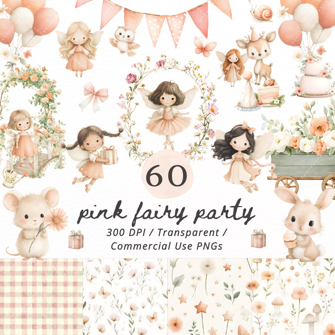 Pink Fairy Clipart Bundle PNG, Watercolor Magical Fairy Garden Clipart ...