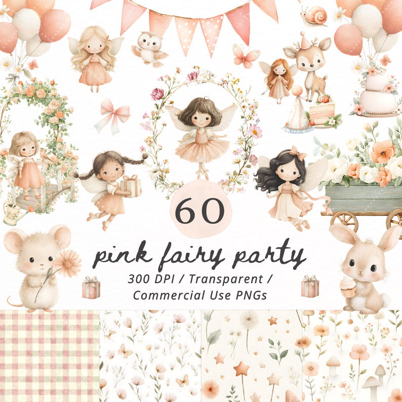 Pink Fairy Clipart Bundle PNG, Watercolor Magical Fairy Garden Clipart ...