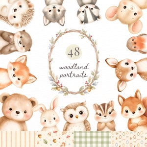 Könnte beinhalten: Eine Sammlung von 48 Waldporträts mit Aquarellillustrationen von Igel, Wolf, Dachs, Maus, Otter, Rotkehlchen, Reh, Bär, Hase, Eule, Streifenhörnchen und Eichhörnchen um einen zentralen Kranz mit dem Text 48 woodland portraits.