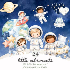 Puede incluir: Ilustración en acuarela con astronautas de dibujos animados en trajes espaciales blancos, planetas, estrellas y un vehículo lunar sobre un fondo azul oscuro. El texto "24 little astronauts" se muestra en la parte inferior.