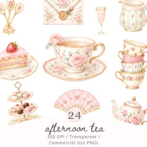 Può includere: Una collezione di illustrazioni ad acquerello con una tazza da tè con rosa, una teiera, una pila di tazze, una fetta di torta alle fragole, un'alzata per dolci a tre piani, un ventaglio, una lattiera, un flûte e una busta con il testo 24 afternoon tea.
